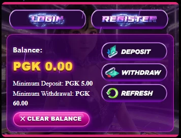 100Kina balance panel before claiming: balance PGK 0.00, minimum deposit PGK 5.00, minimum withdrawal PGK 60.00