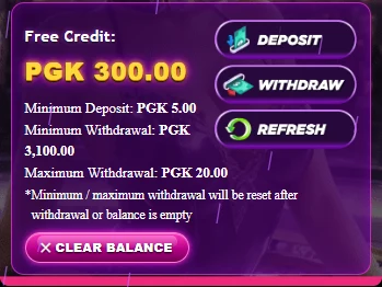 100Kina wallet after claiming: free credit PGK 300.00, minimum deposit PGK 5.00, minimum withdrawal PGK 3,100.00, maximum withdrawal PGK 20.00