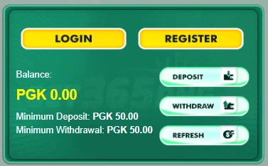 Bet365Png2 balance panel: balance PGK 0.00, minimum deposit PGK 50.00, minimum withdrawal PGK 50.00