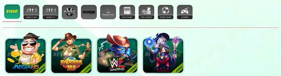 Bet365Png2 lobby: Event tab with MegaH5, SCR888 H5, WF Gaming and Meta Gaming tiles tagged FREE, plus JILI, V Power, BE Soft, Pragmatic Play, Slot Game, Live Casino, Sport Game and Others tabs