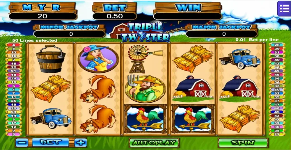 The Triple Twister slot during our Bet365Png2 free credit test, showing a balance of 20, a bet of 0.50 and no win