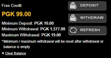 Eb7png wallet after claiming: free credit PGK 99.00, minimum deposit PGK 10.00, minimum withdrawal PGK 1,577.00, maximum withdrawal PGK 19.00