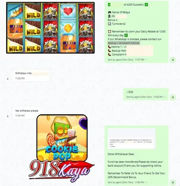Edited WhatsApp screenshot of an Isikina customer chat showing a K200 deposit and a PGK1,300 withdrawal confirmation