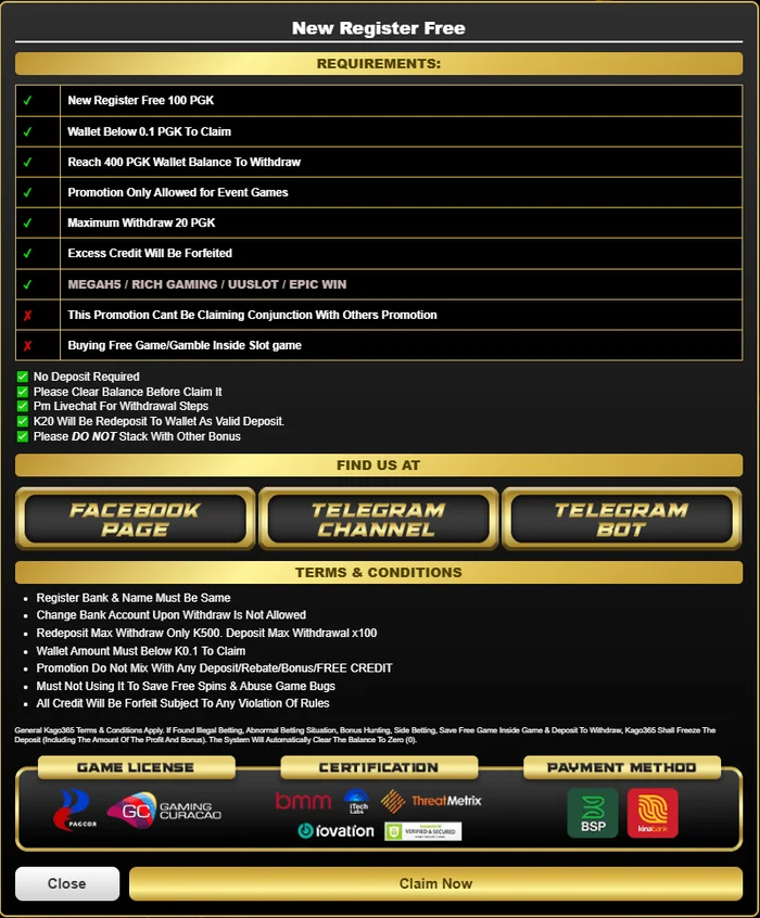 Kago365 New Register Free terms screen showing the K400 withdrawal target and PGK20 maximum withdrawal