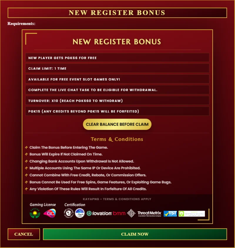 Kayapng New Register Bonus terms screen showing PGK66 free credit, x10 turnover and PGK15 maximum
