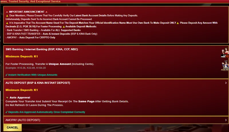 Kayapng deposit screen listing SMS banking, BSP and Kina auto deposit and AmoPay