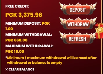 Kayapng balance screen showing free credit of PGK3,375.96, minimum withdrawal PGK660 and maximum withdrawal PGK15