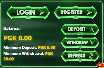 Kinaluck balance panel: balance PGK 0.00, minimum deposit PGK 5.00, minimum withdrawal PGK 50.00
