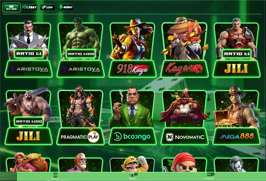 Kinaluck slot lobby: Slot Game, Fast, Live and Sport tabs and provider tiles including Aristova, 918Kaya, Kaya, JILI, Pragmatic Play, Booongo, Novomatic and Mega888