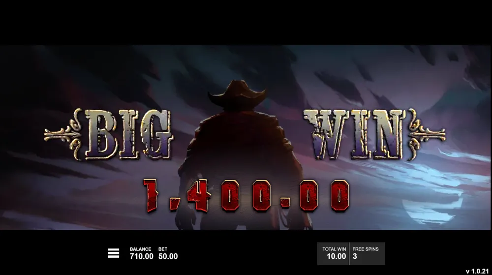 A slot during our Kinaluck free credit test showing a Big Win of 1,400.00, balance 710.00, bet 50.00 and 3 free spins