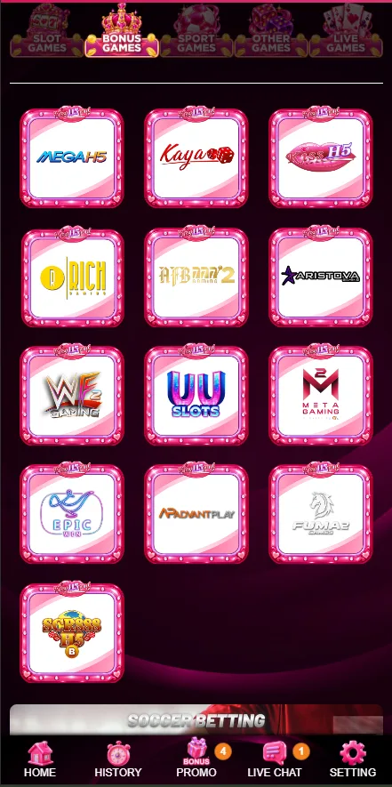 KissH5png lobby with the Bonus Games tab open, showing MegaH5, Kaya, Kiss H5, Rich Gaming, Aristova, WF Gaming, UU Slots, Meta Gaming, Epic Win, Advant Play and SCR888 H5