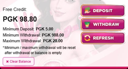 KissH5png wallet after claiming: free credit PGK 98.80, minimum deposit PGK 5.00, minimum withdrawal PGK 988.00, maximum withdrawal PGK 28.00