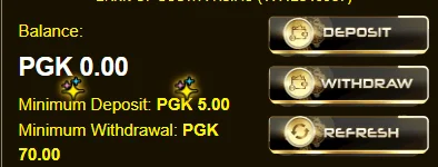 Kumul Gold balance panel before claiming: balance PGK 0.00, minimum deposit PGK 5.00, minimum withdrawal PGK 70.00