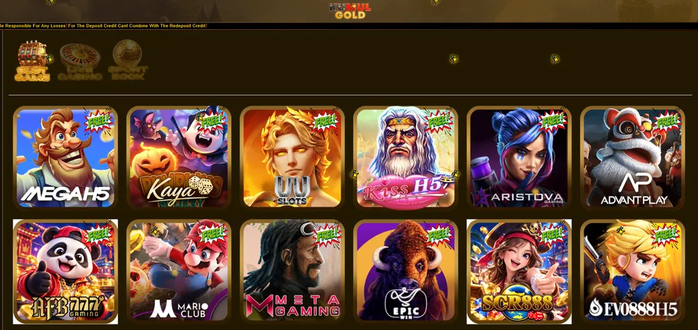 Kumul Gold slot lobby showing FREE-tagged tiles including MegaH5, Kaya, UU Slots, Kiss H5, Aristova, Advant Play, AFB777, Mario Club, Meta Gaming, Epic Win, SCR888 and EVO888H5