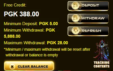 Kumul Gold wallet after claiming: free credit PGK 388.00, minimum deposit PGK 5.00, minimum withdrawal PGK 5,888.00, maximum withdrawal PGK 28.00