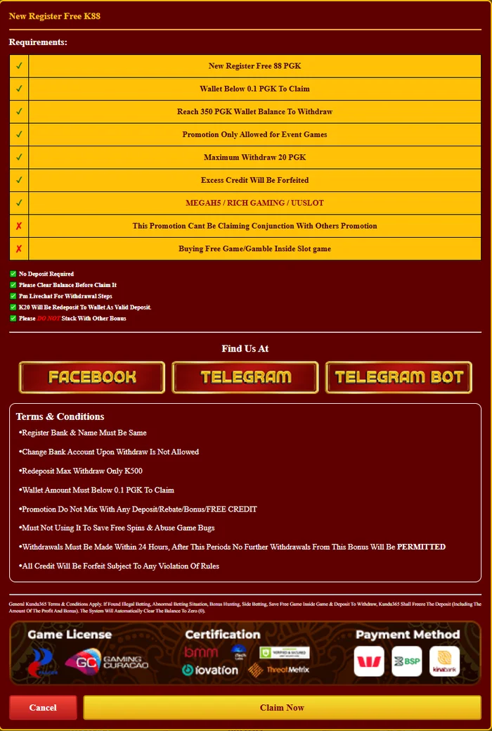 Kundu365 New Register Free K88 terms screen showing the PGK350 withdrawal target and PGK20 maximum withdrawal