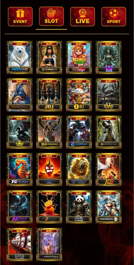 Kundu365 slot lobby showing provider tiles and Event, Slot, Live and Sport tabs