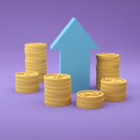 Stacks of coins increasing in height with an upward arrow