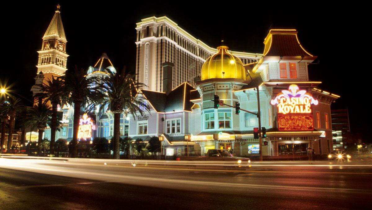 Neon-lit casino building at night