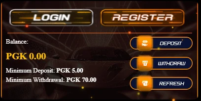 Pgk365 header balance panel before claiming: balance PGK 0.00, minimum deposit PGK 5.00, minimum withdrawal PGK 70.00