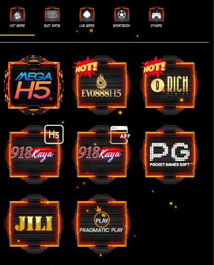 Pgk365 lobby with Hot Game, Slot Game, Live Game, Sportsbook and Others tabs, and MegaH5, Evo888H5, Rich, 918Kaya, PG, JILI and Pragmatic Play tiles