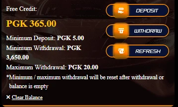 Pgk365 wallet after claiming: free credit PGK 365.00, minimum deposit PGK 5.00, minimum withdrawal PGK 3,650.00, maximum withdrawal PGK 20.00