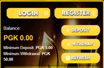 PGKclub balance panel: balance PGK 0.00, minimum deposit PGK 5.00, minimum withdrawal PGK 50.00