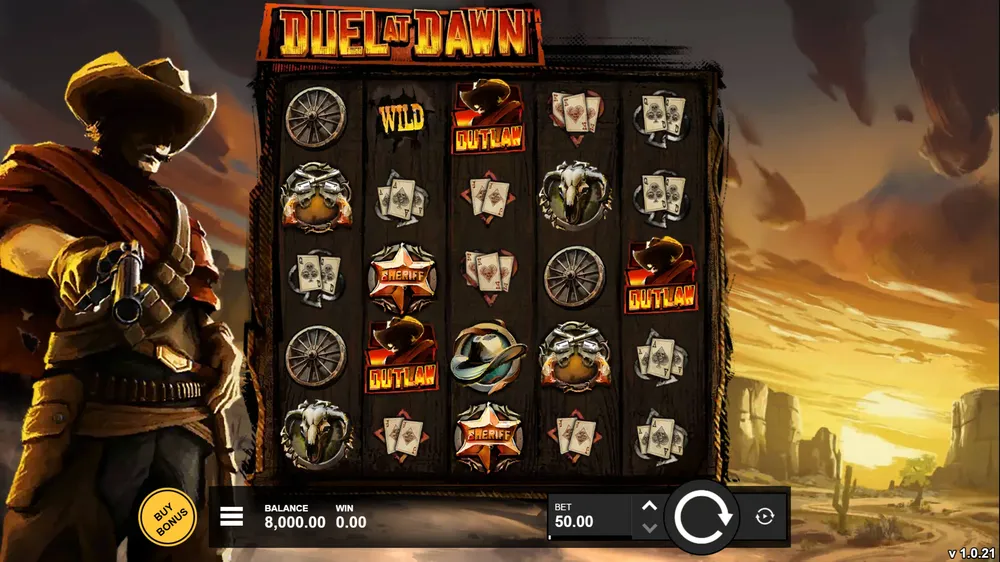 The Duel at Dawn slot during our PGKclub free credit test, showing a balance of 8,000.00, a win of 0.00 and a bet of 50.00