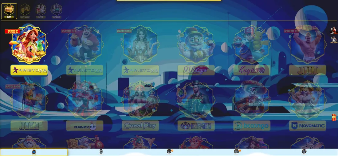 Playkaya9 slot lobby with a FREE tag on the first Aristova Gaming game, and providers including 918Kaya, JILI, Pragmatic Play and KingH5