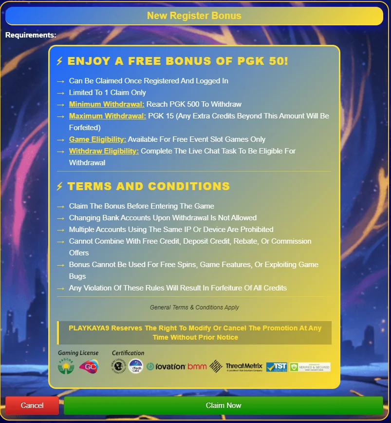 Playkaya9 New Register Bonus terms screen: free PGK50, reach PGK500 to withdraw, PGK15 maximum withdrawal, free event slot games only, live chat task required