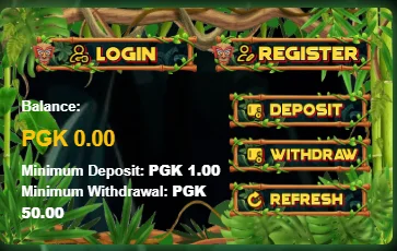 PNGCasino balance panel before claiming: balance PGK 0.00, minimum deposit PGK 1.00, minimum withdrawal PGK 50.00
