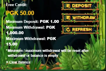 PNGCasino wallet after claiming: free credit PGK 50.00, minimum deposit PGK 1.00, minimum withdrawal PGK 1,000.00, maximum withdrawal PGK 15.00