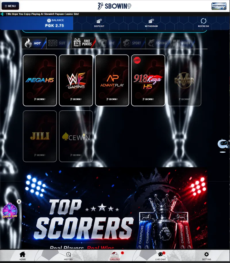 Sbowin9 lobby with HOT, SLOT, FREE POKIES, LIVE, SPORT, FISHING and OTHER tabs; MegaH5, WF Gaming, Advant Play and 918Kaya H5 tiles are lit up and V Power, JILI and Cewin are greyed out